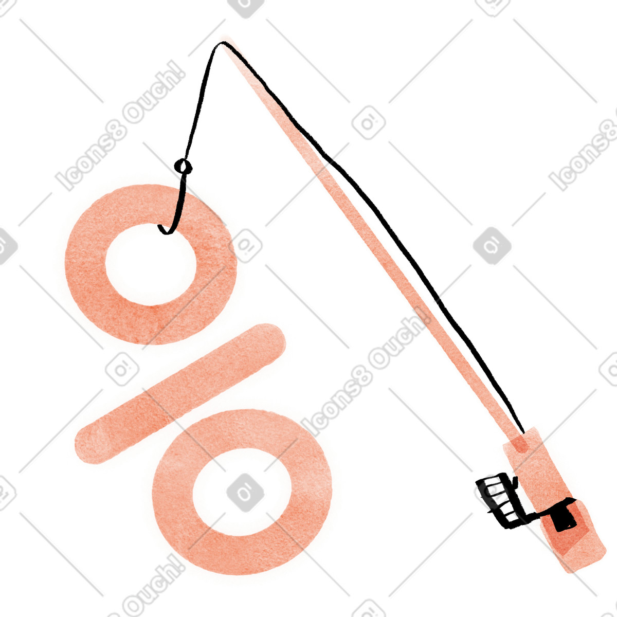 Ilustración animada Signo de porcentaje enganche caña pescar, capturando las mejores ofertas y descuentos en estilo Hand-drawn animation a descargar en GIF, Lottie (JSON), AE