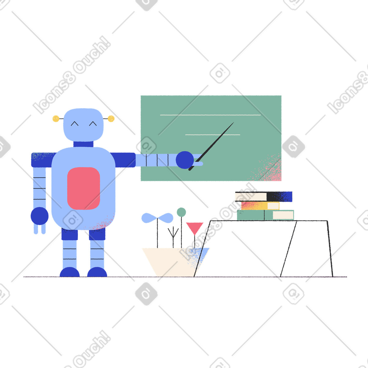 Roboterlehrer an der tafel-Illustration im Pablo-Stil als Download in PNG, SVG