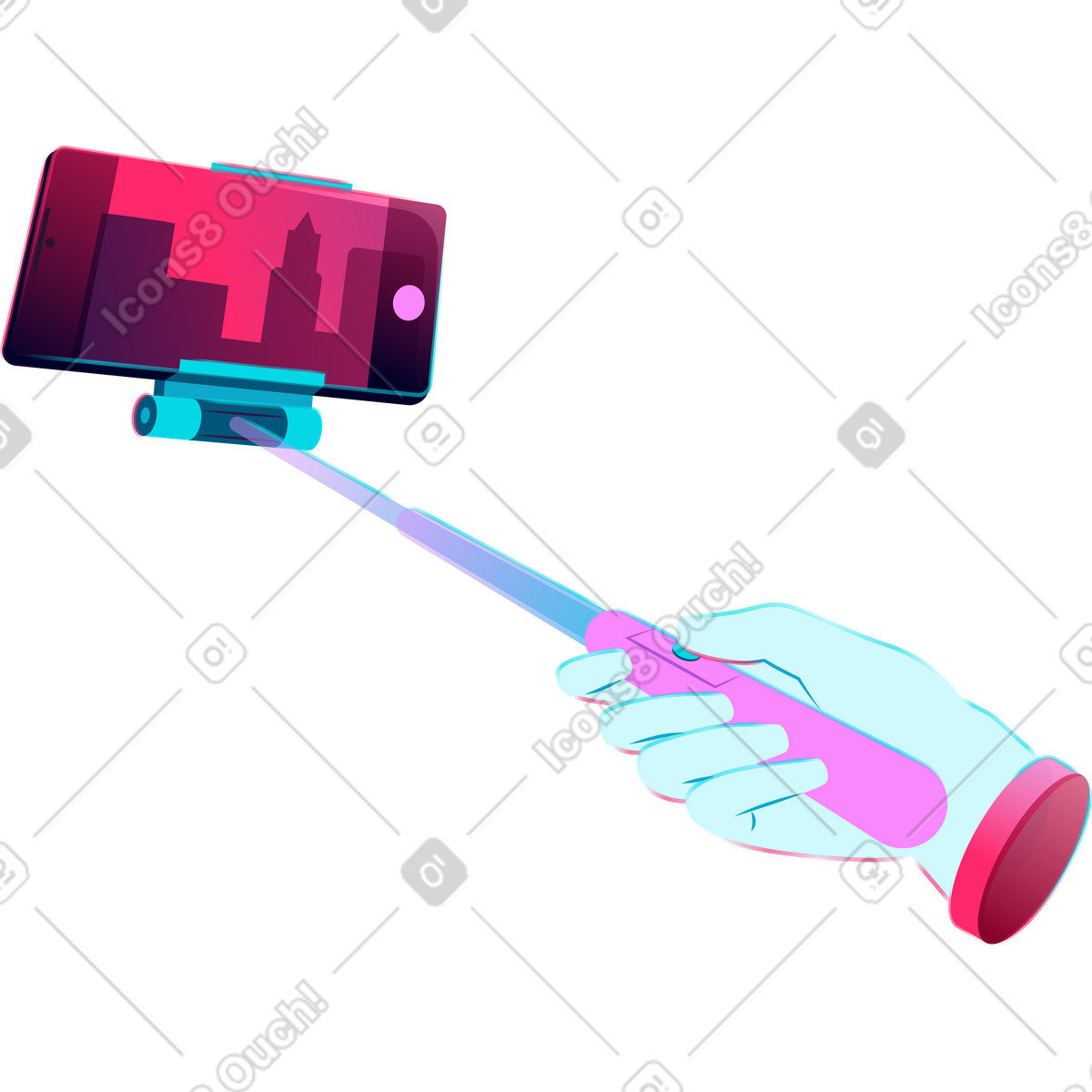 Ilustración Mano sujetando selfie stick con teléfono en estilo Neon a descargar en PNG y SVG