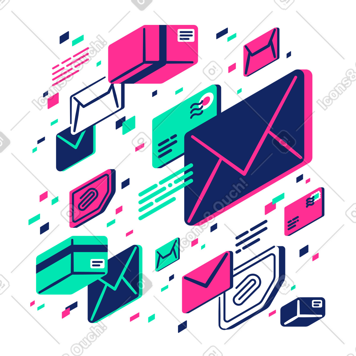 Flying messages with attachments and packages, Digital communication mail delivery-Illustration im Cyborg-Stil als Download in PNG, SVG