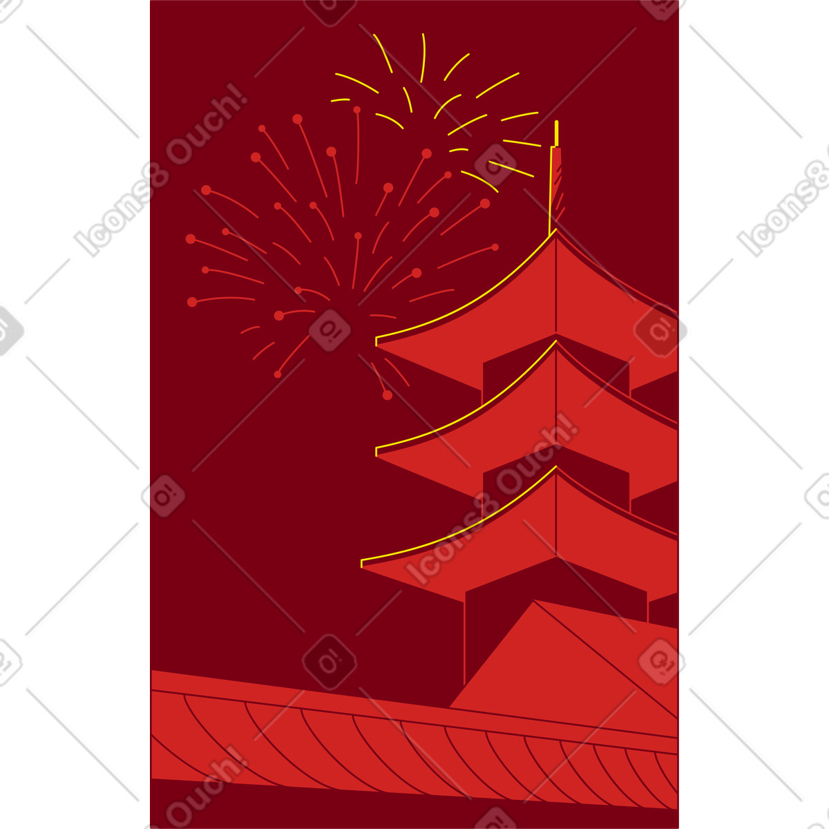 Cornice con la pagoda e i fuochi d'artificio illustrazione in stile Storyline scarica in PNG, SVG
