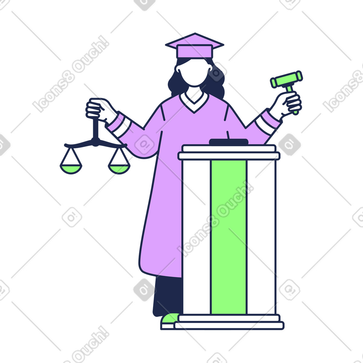 Illustration Juge debout au banc du avec des écailles de themis et un marteau dans le style Outline à télécharger aux formats PNG, SVG