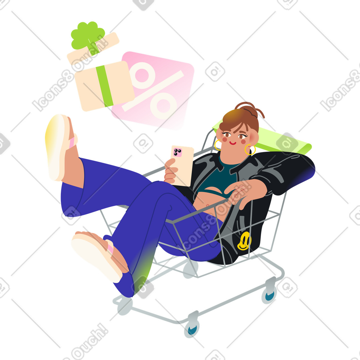 Ilustración Compras, mujer usando la aplicación de compras en estilo Fizzy a descargar en PNG y SVG