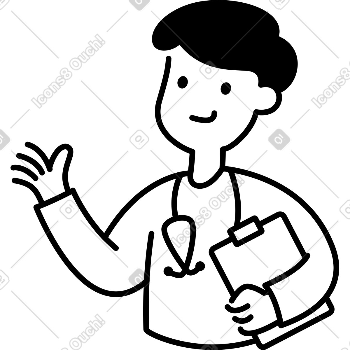 Illustration Doctor with stethoscope around neck waving and holding clipboard dans le style Notion Line Art à télécharger aux formats PNG, SVG