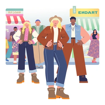 A busy street fashion scene features several individuals showcasing modern western-inspired outfits. In the foreground, a woman with long blonde hair is wearing a brown fringed leather jacket over a white blouse, paired with dark denim jeans and ankle boots. She stands confidently with her hands on her hips. Nearby, a man with short black hair is dressed in a light blue denim shirt and a beige cowboy hat, complemented by brown trousers and stylish leather shoes. Further back, a group of friends is gathered, with one person sporting a plaid shirt under a denim vest, while another is wearing a flowy maxi dress with southwestern patterns. The background shows a vibrant city street lined with shops and colorful storefronts.