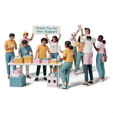 A group of volunteers from various organizations, wearing colorful team shirts, is working together at a charity event. One volunteer, a woman with curly brown hair, is setting up a table filled with donation boxes, while another volunteer, a man with short black hair, is hanging a banner that reads "Thank You for Your Support." Nearby, a young woman with glasses and a ponytail is distributing flyers to passersby. In the background, a diverse group of volunteers is seen painting signs and setting up tables. Everyone is engaged and smiling, creating a lively atmosphere of collaboration and community support.