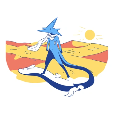 A blue Greninja is depicted as a mirage, blending into the shimmering heat of a vast desert landscape. The desert features rolling sand dunes, with waves of heat visibly rising from the ground. The Greninja is positioned in a dynamic stance, with its tongue scarf flowing behind it, enhancing the illusion of movement. Surrounding the Greninja, the golden sand creates a stark contrast with the blue figure, while the relentless sun casts long shadows across the textured surface of the dunes.
