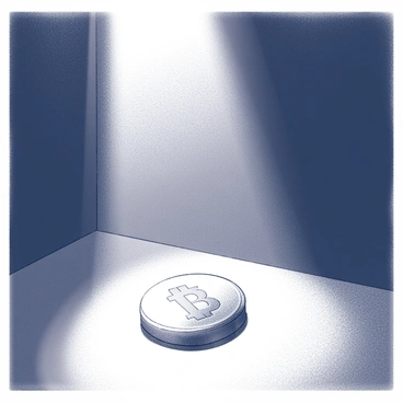 A beam of light extends downward from above, illuminating a single coin that lies on a dusty surface in a dark corner. The coin, slightly tarnished, reflects the light, creating a soft glow around its edges. Shadows loom around it, enhancing the contrast between the lit area and the dark surroundings. The scene encapsulates a moment of discovery, with the light acting as a guiding aura, suggesting themes of hope and unexpected finds.