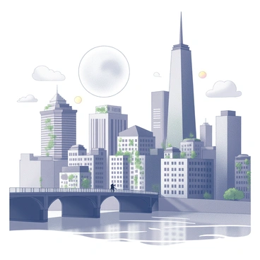 A city skyline featuring tall buildings with varying architectural styles, some with sleek modern designs and others with older, historical façades. In the background, a large full moon is partially obscured by wispy clouds. Among the buildings, subtle hints of a magical world are visible, such as glowing orbs hovering above a rooftop garden and vines creeping up the sides of a skyscraper. In the foreground, a bridge spans a river, where reflections of the skyline shimmer on the water. A figure can be seen standing on the bridge, gazing towards the skyline, with a sense of wonder. The overall scene conveys a blend of urban life and enchanting mystery.