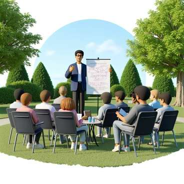 A climate scientist with light brown skin and short curly hair stands confidently at the front of an outdoor seminar. He is wearing a navy blue blazer over a white shirt and black trousers. In his hands, he holds a large poster displaying a complex "formula" related to climate change. The audience consists of a diverse group of engaged listeners, including individuals of various ethnicities, all seated on folding chairs. Some audience members are taking notes, while others are focused on the poster. The setting includes green trees and a clear blue sky as a backdrop, indicating a sunny day. A small table with a laptop and water bottles is placed to the side.