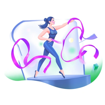 A dancer is performing gracefully on a stage, twirling and spinning with flowing ribbons. The ribbons shimmer in vibrant colors, resembling plasma, with hues of electric blue, bright purple, and vivid pink. The dancer's outfit is a modern, sleek design, adorned with sequins that catch the light as she moves. Her hair is styled in a dynamic updo, accentuating her movements. The background features soft, blurred lights that enhance the focus on the dancer and her vibrant ribbons. The overall scene captures the energy and fluidity of the performance.