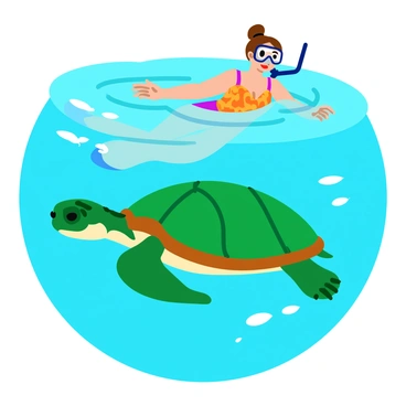 A snorkeler wearing a bright, patterned swimsuit is floating on the surface of clear turquoise water. The snorkeler has a transparent mask and a snorkel, with arms relaxed at their sides. Beneath the surface, a large, colorful sea turtle swims gracefully, its shell displaying a vibrant mix of greens and browns. The sunlight filters through the water, creating shimmering patterns and illuminating the turtle as it glides among small schools of fish nearby.