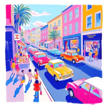 A lively city street filled with various colorful cars parked along the sides. People of diverse backgrounds are walking and mingling along the street, some wearing festive clothing, while others carry balloons and party decorations. There are children laughing and playing, as well as groups of friends enjoying the celebration. In the background, storefronts display banners and signs honoring the local holiday. Tables with food and drinks are set up on the sidewalks, with vendors serving treats. The atmosphere is vibrant, bustling, and full of energy.