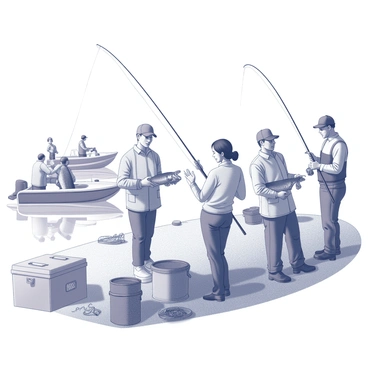 A fishing competition scene featuring multiple participants actively engaged in catching smallmouth bass. Several fishermen and women are standing along a riverbank, each holding their catch. One person is displaying a sizeable smallmouth bass with both hands raised triumphantly. Another individual is reeling in their line, a look of concentration on their face. In the background, a few boats are anchored on the water, with anglers casting their lines. The atmosphere is filled with excitement and camaraderie as spectators cheer on the competitors. Fishing gear, nets, and coolers are scattered around, adding to the lively ambiance.