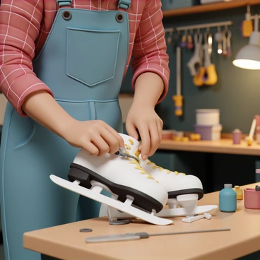 A close-up of a person, wearing denim overalls and a red plaid shirt, carefully sharpening ice skates. The person's hands are focused on the skate blade, holding a sharpening tool. In the background, a cozy workshop is visible, filled with various tools hanging on the walls, a wooden workbench cluttered with equipment, and warm lighting illuminating the space. The scene conveys a sense of craftsmanship and dedication to the task at hand.