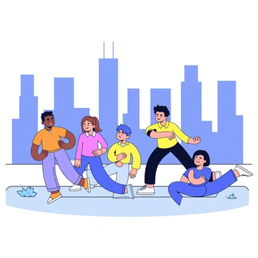 A group of four friends are performing the thread-the-needle stretch on a rooftop. One friend is in a kneeling position with their right arm extended underneath their body. Another friend is standing beside them with one hand on their hip and the other hand raised in a stretching pose. A third friend is bending forward with one arm reaching towards the ground. The fourth friend is sitting cross-legged, observing the others. In the background, there are several tall skyscrapers silhouetted against a clear blue sky. The rooftop has a concrete surface with a few scattered plants.
