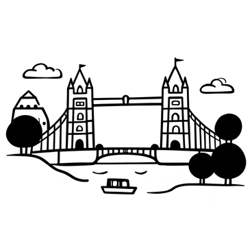 A vintage postcard labeled "London Bridge" at the top. The bridge is depicted with intricate architectural details, showcasing its stonework and arches. Surrounding the bridge are buildings typical of the era, along with trees lining the riverbank. A small boat floats on the river below. In the background, clouds are visible in the sky, adding depth to the scene.
