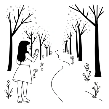 A girl with long hair, wearing a simple dress, stands at the edge of a forest. She has a look of awe on her face as she gazes down a path lined with trees. The path is illuminated with a soft, glowing light, emanating from the ground and reflecting off the leaves. Surrounding her are various plants and flowers, adding to the enchanting atmosphere of the scene. The girl's hands are slightly raised, and her eyes are wide with wonder as she takes in the beauty of the magical forest.