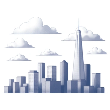 A city skyline with several tall buildings jutting into the sky. The buildings have a variety of architectural styles, including modern skyscrapers with glass facades and older structures with intricate details. The scene features a horizon where the sun is setting, casting long shadows from the buildings. The sky above is filled with numerous cloud formations that catch the light, creating an atmospheric depth to the image.