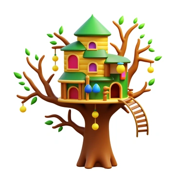 A whimsical treehouse with several levels connected by ladders and ropes
