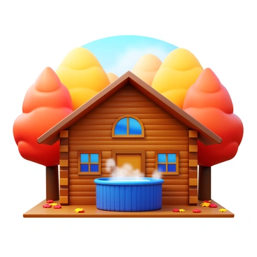 A rustic cabin with a hot tub on its porch surrounded by autumn foliage