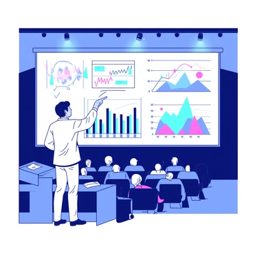 A white lecturer is standing in front of a large screen displaying vibrant, colorful graphs. The graphs are various shapes and sizes, showcasing data trends and statistics. The lecturer is pointing towards the screen with their right hand, while their left hand rests on a sleek, modern podium. The auditorium is filled with rows of dark, comfortable seats and has bright overhead lights illuminating the spacious area. The audience, although not detailed, is visible in the background, attentively looking at the presentation.