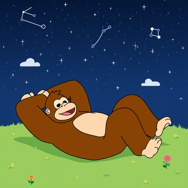 A large, cartoon-like Donkey Kong with brown fur is lying relaxed on a lush green patch of grass. His arms are stretched out comfortably above his head, and his face has a playful expression with a wide smile. The night sky above is filled with countless bright stars, twinkling against a deep blue backdrop. Several recognizable constellations are outlined, creating a whimsical atmosphere. Small fluffy clouds drift by, adding to the charm of the scene. In the foreground, a few colorful flowers peek through the grass, enhancing the lively setting.