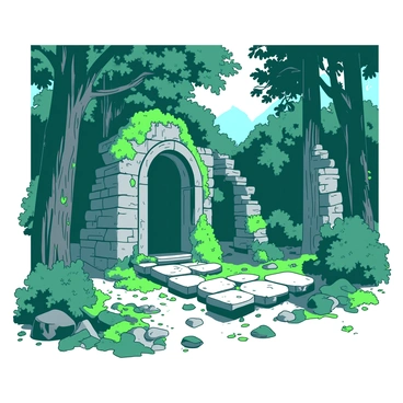 Ancient stone ruins, weathered and worn, are partially obscured by lush green moss and intertwining vines. The ruins consist of crumbling walls and archways, hinting at a once-grand structure now lost to time. Surrounding the ruins, tall, dark trees create a dense canopy that filters the sunlight, casting soft shadows on the ground. The forest floor is littered with fallen leaves and small rocks, enhancing the sense of age and mystery in this secluded area.