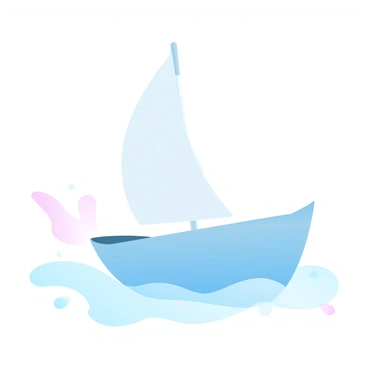 A sailing boat is gliding smoothly on calm waters. The boat features a single white sail that catches a gentle breeze, the hull is a simple shape in soft pastel colors. The water reflects subtle gradient shades of blue and green, creating a tranquil scene. A few minimal vector waves are illustrated around the boat, enhancing the serene atmosphere. The background is a soft gradient merging light colors, emphasizing the peaceful setting.