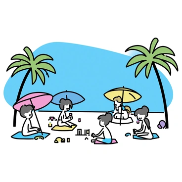 A group of four families is gathered on a tropical beach under a clear blue sky. Children are playing in the sand, building sandcastles and laughing. Each family is seated under colorful umbrellas: one umbrella is red, another is blue, a third is yellow, and the last is green. Palm trees with long, slender trunks and broad leaves frame the scene, swaying gently in the breeze. Some adults are lounging on beach towels, while others are applying sunscreen or sipping drinks from colorful cups. The beach is dotted with beach toys and a few beach balls in vibrant colors.