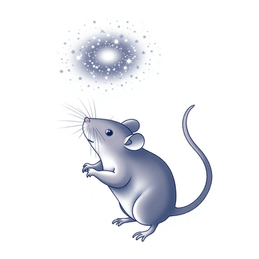 A mouse with its brain depicted as a miniature galaxy filled with stars