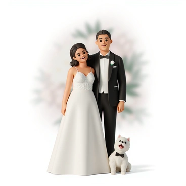 A couple is standing close together for a wedding photo. The man is wearing a black tuxedo with a white shirt and a black bow tie. The woman is wearing a stunning white wedding gown with intricate lace details. They are both smiling brightly, radiating joy. Between them is their pet, a small fluffy dog, dressed in a tiny tuxedo that matches the man's outfit. The dog is sitting on its hind legs, looking up at the couple with an excited expression. The background is a soft blur, emphasizing the couple and their pet in the foreground.