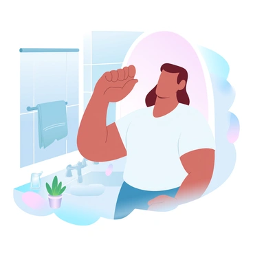 A person with short brown hair is standing in front of a bathroom mirror, looking downwards. The individual is wearing a simple white t-shirt. They have one hand lifted to their neck, gently feeling a small lump. The bathroom features light-colored tiles, and there is a towel hanging on a rack nearby. Soft, gradient pastel colors fill the scene, creating a soothing atmosphere. A small potted plant is placed on the bathroom counter next to a toothbrush holder.