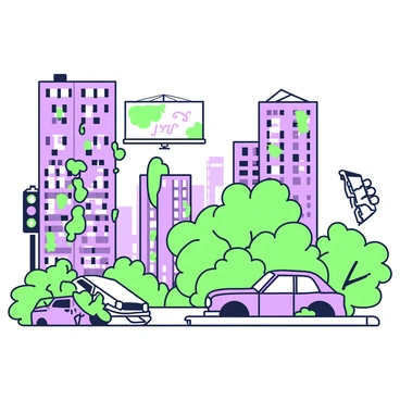 A cityscape is depicted in a state of disrepair, showcasing towering skyscrapers with cracked windows and crumbling facades. Between the buildings, dense green vegetation has taken over, with vines climbing the walls and trees breaking through the pavement. Abandoned vehicles are scattered throughout the scene; a rusted car rests on its side next to a toppled traffic light, while another vehicle is partially buried under a mass of greenery. In the background, a large, dilapidated billboard hangs askew, its advertisements faded and peeling. The atmosphere feels still, with the remnants of urban life overtaken by nature.