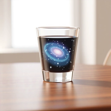 A shot glass, made of clear glass, sits upright on a polished wooden table. Inside the shot glass, a vibrant swirling galaxy is depicted, featuring bright blues, purples, and hints of pink and white stars. The galaxy's spiral arms extend outward, creating a sense of depth and motion. Tiny star-like specks scatter throughout, shining against the darker background of space. The table surface reflects the glass and galaxy slightly, adding to the visual intrigue of the scene.