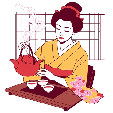 A close-up of a geisha gently pouring tea into delicate cups during a ceremony.
