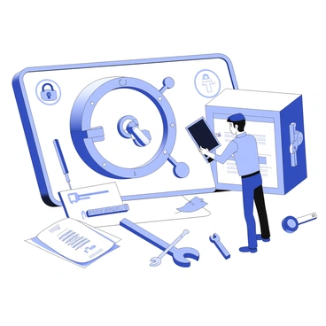 A locksmith is positioned in front of a large virtual vault interface displayed on a computer screen. The screen features intricate digital locks and security mechanisms, with various tools represented as icons on the side. The locksmith, dressed in work attire, is focused on using a sleek digital tablet, tapping on the screen to configure the vault's security settings. Surrounding the scene are blueprints of locking systems and various locksmith tools, including wrenches and picks, neatly arranged on a workbench. The setting suggests a modern workspace, with a hint of technology integrated into traditional locksmithing methods.