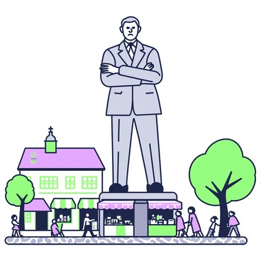 A giant statue with a stern expression is towering over a small town square. The statue is made of gray stone and depicts a historical figure, standing with arms crossed and a serious demeanor. The town square below is bustling with activity, featuring small market stalls selling various goods. In front of the statue, there are several people walking, some stopping to gaze up at its imposing height. Surrounding the square, quaint buildings with colorful awnings and windows can be seen. A few trees provide shade in the area, and a cobblestone path leads through the square, creating a vibrant yet respectful atmosphere.