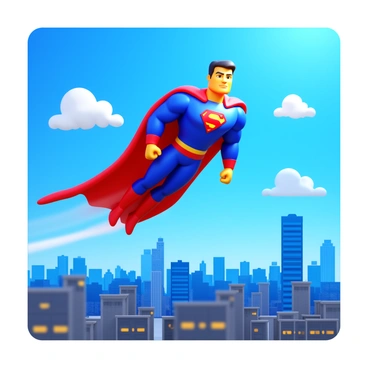A comic-style superhero dressed in a vibrant costume, with a flowing cape, is soaring through a clear blue sky. The superhero has a defined muscular build and a confident expression on their face. Below, a bustling city landscape stretches out, featuring tall skyscrapers and busy streets. Fluffy white clouds dot the sky, adding depth to the scene. The superhero is capturing sunlight as they glide gracefully above the city, leaving a trail of motion behind them.