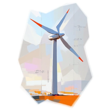 A detailed blueprint of a wind turbine, showcasing the various components such as the rotor blades, nacelle, tower, and base. The wind turbine is depicted in a side view, highlighting the height and proportions of each part. Annotations are included, indicating the specific dimensions of the rotor blades, tower height, and the diameter of the base. Each component is clearly labeled with arrows pointing to the respective parts. The background features a simple grid to assist with scale, and different lines are used to represent various sections of the turbine.