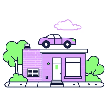 A car has somehow landed on the roof of a small building