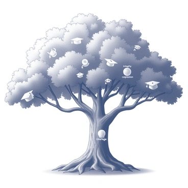A large tree with a wide trunk and expansive branches reaching outwards. The roots of the tree are visible above the ground and are labeled with various "personal values" such as "integrity," "compassion," and "courage." The branches of the tree are adorned with symbols representing different "life achievements" like graduation caps, medals, and awards. The leaves of the tree are abundant, creating a dense canopy above. The overall structure is detailed, showcasing the relationship between the roots and branches clearly.