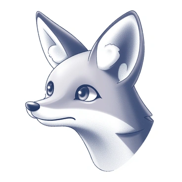 A fox head with prominent features that draw attention. The ears are large and stand upright, while the eyes are wide and expressive. The snout is elongated, with a pronounced nose at the tip. The fur texture appears soft, with clear distinctions between different areas of the face and body. The background is minimal, allowing the fox head to be the focal point of the image.