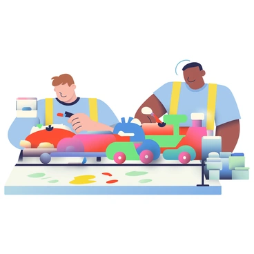 An assembly line station is bustling with activity as items are being painted in bright colors. Several small wooden toys are lined up along the conveyor belt, each one awaiting its turn to be painted. A worker with light skin and short brown hair is carefully applying vibrant blue paint to a toy car, using a brush. Nearby, another worker with dark skin is adding bright red paint to a toy train, their focus evident as they ensure even coverage. Splashes of yellow and green paint can be seen on the table, with paint cans neatly arranged beside the workers. The station is well-lit, highlighting the lively colors of the toys as they move along the assembly line.