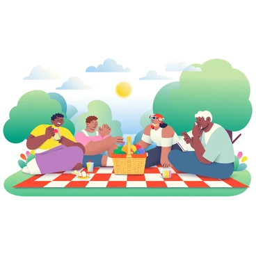A group of four friends is sitting on a large red and white checkered blanket spread out on the grass in a park. The sun is shining brightly overhead, and a few fluffy white clouds are scattered across the blue sky. In the center of the blanket, there is a woven picnic basket overflowing with various fresh fruits including apples, grapes, and oranges. One friend with curly hair is pouring lemonade into colorful cups, while another friend with sunglasses is laughing and reaching for a strawberry. A third friend is lying back on the blanket, holding a book. The fourth friend is setting out a plate of sandwiches next to the basket. Lush green trees and colorful flowers surround the picnic area, adding to the cheerful atmosphere.