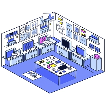 A garage filled with various computers and gadgets. There are several desktop computers on workbenches, each displaying different screens with code and graphics. Shelves are stocked with an assortment of electronic parts, including motherboards, circuit boards, and small tools. A large worktable occupies the center of the garage, covered with wires, screws, and DIY project materials. The walls are adorned with posters of technology and innovation. A bright overhead light illuminates the workspace, casting sharp shadows on the floor.