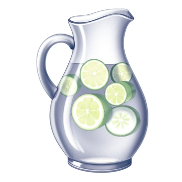 A glass jug filled with clear water. Inside the jug, there are floating slices of "lemon," "lime," and "cucumber," creating an appealing visual arrangement. The jug has a handle and a spout for pouring. Light reflects off the surface of the water, enhancing the transparency of the jug. The slices are evenly distributed, showcasing their textures and patterns against the clear liquid.