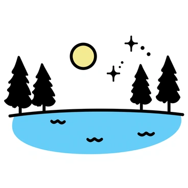 A calm lake with a smooth surface reflecting a bright "full moon" and "twinkling stars" in the night sky. The lake is bordered by "tall pine trees" with dark green foliage, standing tall and creating a natural frame around the water. The moonlight casts a soft glow on the water, enhancing the peaceful atmosphere of the scene.