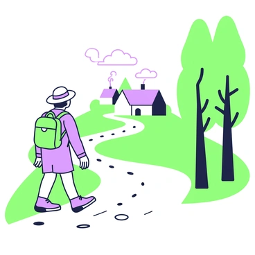 A traveler is walking along a winding road that stretches into the distance. The traveler is wearing a backpack and a wide-brimmed hat. To the right, there are tall trees lining the road, their trunks winding gracefully. In the distance, a small village can be seen, featuring quaint houses with visible chimneys and smoke gently rising into the air. The sky above is clear, and a few fluffy clouds float lazily. The path is lined with small stones, creating a natural texture underfoot.