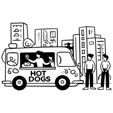 A food truck with detailed designs parked on a Chicago street, featuring the words "Hot Dogs" prominently displayed on its side. The truck has open windows with a server inside, handing a hot dog to a customer. A line of eager customers stands patiently, with a mix of different clothing styles and accessories. The surrounding street includes tall buildings and a few trees, creating an urban atmosphere.